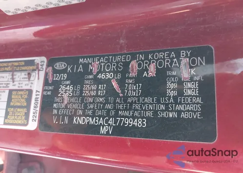 2020 Kia Sportage Lx z USA, uszkodzony, nr VIN KNDPM3AC4L7799483